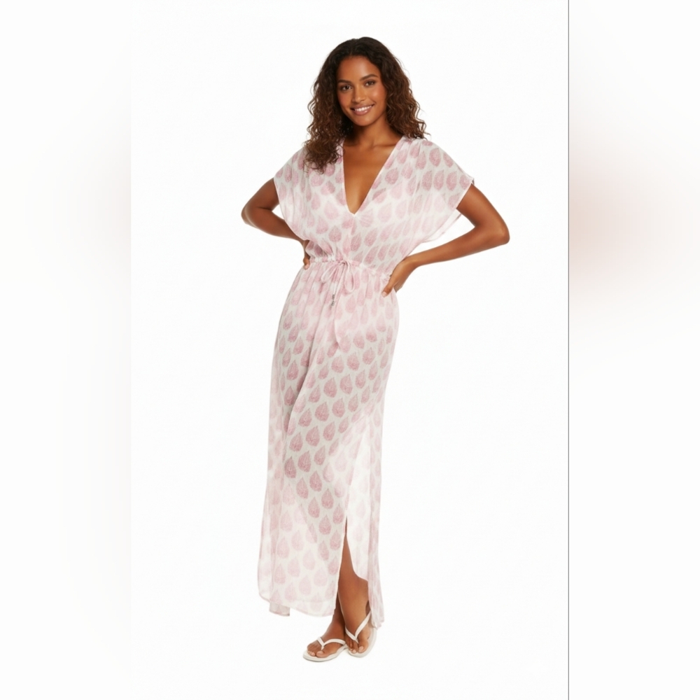 Elan Wrap Maxi Cover-Up Tunic Caftan White Pink Tropical Leaf Print Elastic, XS - Picture 3 of 10